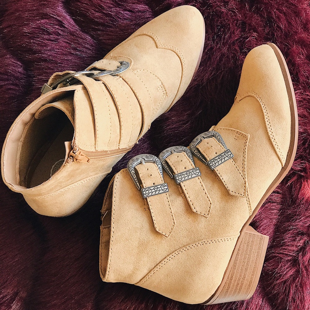 SO Tan buckle strap ankle booties